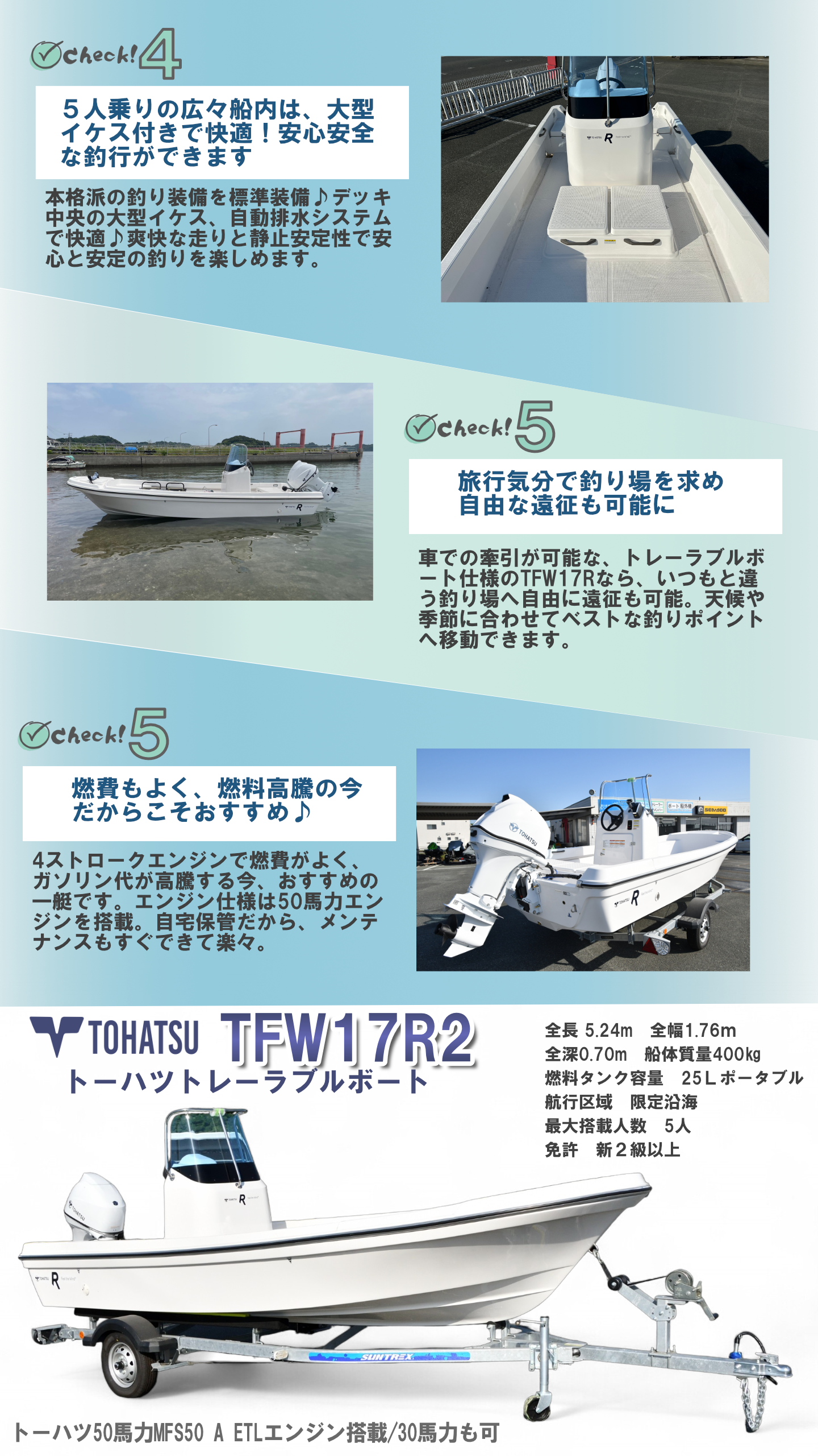 トーハツトレーラブルボート【TFW17R2/50馬力】SUNTREXボート